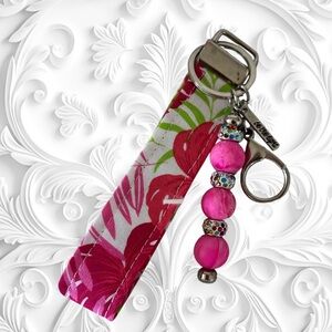 Pink Floral Keychain with Beaded Accent